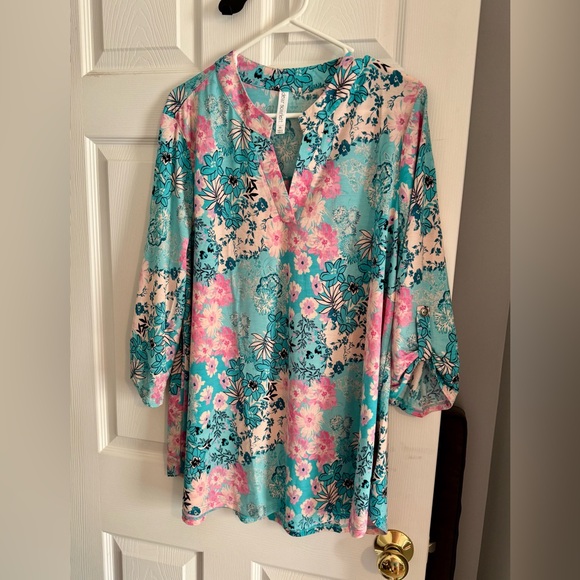 Dear Scarlett Tops - Scarlett Blue Relaxed Tunic with Mandarin Collar